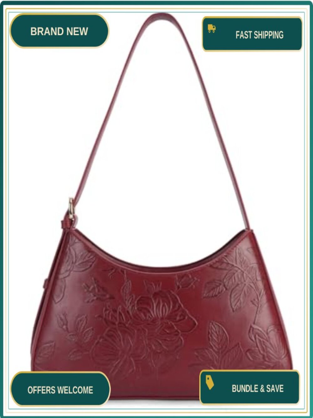 Vegan Leather Crescent Hobo Shoulder Bag Embossed Clutch Purse Handbag
